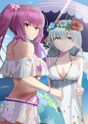 Rule 34 | 2girls, absurdres, anastasia (fate), angry, arms behind back, bikini, blue eyes, braid, breasts, buoy, cleavage, dress, fate/grand order, fate (series), frilled bikini, frills, frown, grabbing own arm, hair ornament, head wreath, highres, holding, looking at viewer, looking back, medium breasts, motukan, multiple girls, outdoors, purple hair, red eyes, scathach (fate), scathach skadi (fate), scathach skadi (swimsuit ruler) (fate), see-through, see-through swimsuit, smile, swimsuit, twin braids, twintails, umbrella, white dress, white hair