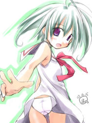 Rule 34 | 1girl, ass, blush, dress, flat chest, from behind, green hair, long hair, looking at viewer, looking back, neckerchief, open mouth, panties, purple eyes, red neckerchief, ribbon, school uniform, sleeveless, sleeveless dress, smile, solo, standing, togami masaki, underwear, white background, white dress, white panties, wind, wind lift