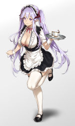 Rule 34 | 1girl, apron, breasts, cleavage, demon horns, demon maid (houtengeki), detached collar, frills, full body, gradient background, hair intakes, hair ribbon, highres, holding, holding tray, horns, houtengeki, lace, lace-trimmed skirt, lace trim, large breasts, leg up, long hair, maid, maid headdress, mary janes, original, pointy ears, purple eyes, purple hair, ribbon, shoes, sidelocks, simple background, skirt, smile, solo, standing, standing on one leg, thighhighs, tray, twintails, underbust, very long hair, waist apron, white thighhighs, wrist cuffs