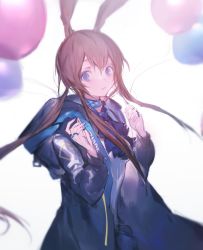 Rule 34 | 1girl, amiya (arknights), animal ears, arknights, ascot, backlighting, balloon, black coat, blue ascot, blue collar, blue eyes, blue skirt, brown hair, clothes writing, coat, collar, cowboy shot, hair between eyes, hands up, highres, holding, holding string, jewelry, long hair, looking at viewer, multiple rings, open clothes, open coat, parted lips, ponytail, rabbit ears, ring, shirt, sidelocks, simple background, skirt, solo, string, thumb ring, uyuu (hirameki), very long hair, white background, white shirt