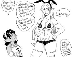 Rule 34 | 2girls, abs, animal ears, annoyed, bad id, ball, bb (baalbuddy), bikini, blush, breasts, commentary, contrapposto, dark-skinned female, dark skin, detached sleeves, elf, english commentary, english text, fake animal ears, female goblin, front-tie bikini top, front-tie top, goblin, greyscale, hairband, halterneck, hand on own hip, height difference, highres, holding, holding ball, inactive account, jitome, large breasts, long hair, long sleeves, medium breasts, mega milk, meme attire, micro bikini, monochrome, multiple girls, navel, original, pointy ears, ponytail, pubic tattoo, rabbit ears, simple background, sportswear, swimsuit, tattoo, thighhighs, toned, volleyball (object), volleyball uniform, white background, wide-eyed