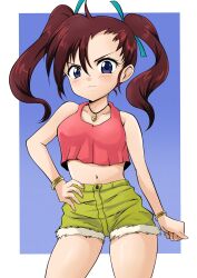 Rule 34 | 1girl, absurdres, bakusou kyoudai let&#039;s &amp; go!!, bakusou kyoudai let&#039;s &amp; go!! max, blue eyes, breasts, brown hair, hair ribbon, hand on own hip, highres, jewelry, legs, looking at viewer, medium breasts, midriff, navel, necklace, oogami marina, ribbon, serious, short shorts, shorts, solo, tank top, thighs, twintails