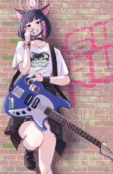 Rule 34 | 1girl, animal ears, black choker, black footwear, black hair, black jacket, black mask, blue archive, blush, cat ears, choker, clothes around waist, colored inner hair, electric guitar, extra ears, guitar, hair ornament, hairclip, halo, highres, instrument, jacket, jacket around waist, kazusa (band) (blue archive), kazusa (blue archive), mask, mask pull, mosuke1221, mouth mask, multicolored hair, official alternate costume, open mouth, pink hair, pink halo, pleated skirt, red eyes, shirt, shoes, short hair, short sleeves, skirt, solo, white shirt, white skirt