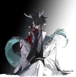 Rule 34 | 1boy, aqua eyes, aqua tail, black hair, blood, blood on clothes, blood on face, blood on hands, blood on shoulder, closed mouth, commentary, crossed legs, dan feng (honkai: star rail), dan heng (honkai: star rail), dan heng (imbibitor lunae) (honkai: star rail), expressionless, eyeliner, gradient background, grey horns, hair ornament, hand up, holding, honkai: star rail, honkai (series), horns, long hair, makeup, male focus, object request, one eye covered, pointy ears, red eyeliner, sgjshtxk i ll, simple background, sitting, solo, symbol-only commentary, twitter username, unworn hair ornament, upper body, very long hair