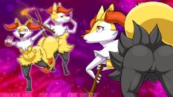 Rule 34 | 1girl, animal hands, arms up, artist name, bent over, braixen, breasts, claws, creatures (company), dated, english text, feet, female focus, fidchell, fire, from behind, full body, furry, furry female, game freak, gen 6 pokemon, half-closed eyes, hand to own mouth, highres, looking at viewer, looking back, looking to the side, looking up, medium breasts, multiple views, navel, nintendo, no nipples, no pussy, open mouth, outstretched arm, pokemon, pokemon (creature), pokemon xy, purple background, red eyes, sharp teeth, simple background, smile, smoke, standing, standing on one leg, stick, teeth, text focus, tongue, tongue out, v, watermark