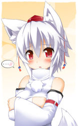 Rule 34 | ..., 1girl, animal ears, bare shoulders, blush, breast hold, breasts, detached sleeves, female focus, hat, inubashiri momiji, large breasts, looking at viewer, open mouth, pom pom (clothes), red eyes, short hair, silver hair, solo, speech bubble, tachi yure, tail, tokin hat, touhou, wolf ears, wolf tail