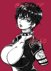 Rule 34 | 1girl, artist name, black hair, breasts, cleavage, collar, commentary request, cropped arms, doll (one piece), earrings, eyelashes, greyscale with colored background, highres, jewelry, large breasts, lipstick, looking at viewer, makeup, misokkasu, one piece, short hair, simple background, sketch, solo, spiked collar, spikes, tattoo, twitter username, upper body