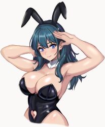 Rule 34 | 1girl, absurdres, animal ear hairband, animal ears, armpits, arms up, bare arms, bare shoulders, black hairband, black leotard, blue eyes, blue hair, breasts, byleth (female) (fire emblem), byleth (fire emblem), cleavage, clothing cutout, commentary request, detached collar, fake animal ears, fire emblem, fire emblem: three houses, grey background, hairband, highres, large breasts, leotard, long hair, looking at viewer, mali-sa, navel, navel cutout, nintendo, playboy bunny, rabbit ears, simple background, smile, solo, strapless, strapless leotard, upper body