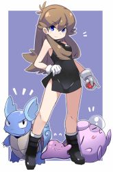 Rule 34 | &gt;:), 1girl, bare shoulders, black dress, black footwear, blush, boots, breasts, brown hair, closed mouth, commentary request, creatures (company), ditto, dress, flying sweatdrops, full body, game freak, gen 1 pokemon, gloves, green (pokemon), groin, hair between eyes, holding, holding poke ball, impossible clothes, impossible dress, jigglypuff, karukan (monjya), long hair, nintendo, nose bubble, poke ball, poke ball (basic), pokemon, pokemon (creature), pokemon adventures, short dress, sidelocks, sleeveless, sleeveless dress, small breasts, smile, socks, standing, v-shaped eyebrows, very long hair, wartortle, white gloves, white legwear