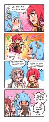 Rule 34 | 4girls, :o, absurdres, ahoge, anime music quiz, beamed eighth notes, blue hair, blush, book, bow, chika (amq), comic, eighth note, embarrassed, english text, eye contact, glasses, guitar, hairband, headphones, headphones around neck, heart, hibiki (amq), highres, holding, holding book, honoka (amq), instrument, long hair, looking at another, multiple girls, music, musical note, pink bow, pink hairband, playing instrument, purple eyes, red eyes, red hair, second-party source, short hair, speech bubble, wenbeez, yumemi (amq)