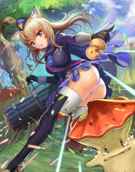 Rule 34 | 1girl, :o, animal ears, ass, bird, boots, breasts, brown hair, bullet, duck, firing, from behind, gatling gun, gloves, gun, hat, high heel boots, high heels, holding, holding weapon, kisina, large breasts, long hair, looking back, may (seven knights), minigun, mushroom, panties, pantyshot, pinky out, purple eyes, seven knights, solo, standing, strap, tears, thigh boots, thighhighs, tree, underwear, weapon, white panties