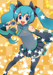 Rule 34 | 1girl, :d, akitsu, akitsu mikami, animal ears, aqua hair, blue eyes, blue hair, checkered background, detached sleeves, hatsune miku, headset, highres, long hair, looking at viewer, matching hair/eyes, microphone, necktie, number tattoo, open mouth, shoulder tattoo, skirt, smile, solo, star (symbol), tattoo, thighhighs, twintails, vocaloid, zettai ryouiki