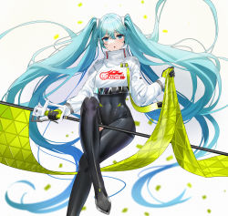 Rule 34 | 1girl, :o, absurdly long hair, aqua eyes, aqua hair, black bodysuit, black gloves, bodysuit, confetti, covered navel, cropped jacket, crossed legs, flag, flagpole, flame print, gloves, goodsmile racing, hair between eyes, hair ornament, hatsune miku, highres, holding, holding flag, invisible chair, jacket, long hair, looking at viewer, parted lips, qing wu, race queen, racing miku, racing miku (2022), single thighhigh, sitting, smile, solo, thighhighs, twintails, very long hair, vocaloid, white jacket