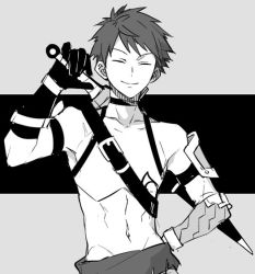 Rule 34 | 1boy, belt, closed eyes, fate/grand order, fate (series), fergus mac roich (fate), fergus mac roich (young) (fate), gloves, greyscale, hand on own hip, male focus, monochrome, short hair, sleeveless, smile, solo, sword, weapon