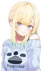 Rule 34 | 1girl, absurdres, aizawa ema, blonde hair, blue eyes, blunt bangs, clothes writing, gradient hair, green hair, head tilt, highres, long hair, looking at viewer, multicolored hair, off shoulder, paw print, side ponytail, simple background, single bare shoulder, smile, solo, sweater, upper body, virtual youtuber, vspo!, white background, white sweater, yuukura yuu