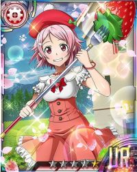 Rule 34 | 10s, 1girl, card (medium), day, dress, grin, hair ornament, hairclip, hat, holding, lisbeth (sao), lisbeth (sao-alo), looking at viewer, mob cap, outdoors, pink eyes, pink hair, pointy ears, red hat, short hair, smile, solo, sword art online