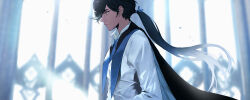Rule 34 | 1boy, black cape, black hair, blue ribbon, blurry, blurry background, cape, closed mouth, cookie run, cross tie, dark-skinned male, dark skin, espresso cookie, expressionless, glasses, grey shirt, h nut, hair over one eye, hair ribbon, highres, humanization, jacket, light particles, long hair, looking ahead, low ponytail, male focus, official alternate costume, popped collar, profile, ribbon, round eyewear, shirt, solo, upper body, white jacket, window, yellow eyes
