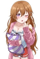 Rule 34 | 1girl, absurdres, artist name, artist request, bare shoulders, black ribbon, blush, breasts, brown hair, camisole, cleavage, close-up, collarbone, female focus, frilled shirt, frills, hair between eyes, hair ornament, hairclip, highres, holding, holding pillow, jacket, jan azure, konoe kanata, long hair, long sleeves, looking at viewer, love live!, love live! nijigasaki high school idol club, love live! school idol festival, medium breasts, miniskirt, nail polish, one eye closed, parted lips, pillow, pink jacket, pink nails, pink nails, pink sweater, plaid, plaid skirt, pleated, pleated skirt, purple eyes, red skirt, ribbon, ribbon trim, shirt, skirt, smile, solo, striped pillow, sweater, white background, white camisole, white shirt, yawning