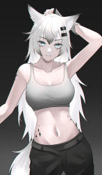 Rule 34 | 1girl, absurdres, animal ears, arknights, arm up, armpits, black background, black pants, breasts, commentary request, crop top, grey eyes, grey tank top, grin, hair ornament, hairclip, highres, lappland (arknights), large breasts, long hair, looking at viewer, material growth, midriff, navel, oripathy lesion (arknights), pants, parted lips, simple background, smile, solo, stomach, tail, tank top, very long hair, white hair, wolf ears, wolf tail, yzbr
