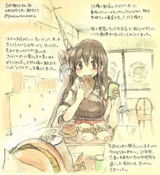 Rule 34 | 10s, 1girl, akagi (kancolle), dated, eating, fast food, food, french fries, burger, japanese clothes, kantai collection, kirisawa juusou, kirisawa juuzou, mixed media, muneate, numbered, personification, solo, traditional media, translation request, twitter username, wall of text