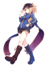 Rule 34 | 1girl, absurdres, ahoge, artoria pendragon (fate), baozi, baseball cap, blonde hair, blue eyes, blue jacket, boots, breasts, brown footwear, closed mouth, cross-laced footwear, fal maro, fate/grand order, fate (series), food, from below, full body, hair between eyes, hand in pocket, hat, high heel boots, high heels, highres, holding, holding food, jacket, knee boots, lace-up boots, looking at viewer, looking down, medium breasts, mysterious heroine x (fate), ponytail, scan, scarf, shoe soles, shorts, simple background, solo, standing, track jacket, walking, white background