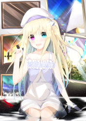 Rule 34 | 1girl, absurdres, bare arms, bare shoulders, beret, blonde hair, blue eyes, blush, collarbone, commentary request, dress, feathers, flower, hair between eyes, hair ornament, hat, head tilt, heterochromia, highres, kogyokuapple, long hair, looking at viewer, one side up, original, picture frame, pulling own clothes, purple eyes, red feathers, rose, round teeth, sitting, solo, strap pull, teeth, upper teeth only, very long hair, water, white dress, white flower, white hat, white rose