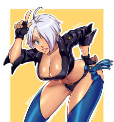 Rule 34 | 1girl, ahoge, angel (kof), bent over, blue eyes, bow, bra, breasts, chaps, cleavage, cropped jacket, fingerless gloves, gloves, hair over one eye, hand on own hip, highres, horns pose, index finger raised, jacket, large breasts, leaning, leaning forward, leather, leather jacket, looking at viewer, naughty face, panties, revealing clothes, shiny skin, simple background, snk, solo, standing, strapless, strapless bra, the king of fighters, the king of fighters xiv, toned, underwear, white hair, wide hips, yellow bow, zeshgolden