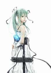 Rule 34 | 1girl, arm warmers, bad id, bad pixiv id, blue flower, blue rose, dress, flower, green eyes, green hair, hair ribbon, hatsune miku, lips, looking back, matching hair/eyes, neg, ribbon, rose, simple background, solo, twintails, vocaloid