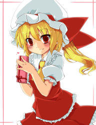 Rule 34 | 1girl, ascot, blonde hair, blush, bow, box, female focus, flandre scarlet, gift, gift box, harry (namayake), hat, hat bow, heart, pointy ears, red eyes, short hair, side ponytail, simple background, skirt, skirt set, smile, solo, touhou, valentine, white background