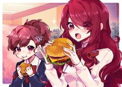 Rule 34 | 2girls, :o, black jacket, blazer, blue background, blush, bow, breasts, burger, collared shirt, commentary, emi star, english commentary, food, hair behind ear, holding, holding food, jacket, kirijou mitsuru, looking at viewer, looking down, medium breasts, multiple girls, open mouth, persona, persona 3, portrait, red bow, red eyes, red hair, school uniform, shiomi kotone, shirt, sparkle, white shirt
