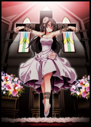 Rule 34 | 1girl, bad id, bad pixiv id, bare shoulders, blush, bound, bouquet, breasts, brown hair, closed mouth, cross, crucifixion, dress, flower, flower on head, hair flower, hair ornament, highres, long hair, original, restrained, ribbon, rope, shoes, solo, stained glass, strapless, strapless dress, tied up (nonsexual), tsukishiro saika, very long hair, wedding dress, white dress, white footwear, wince
