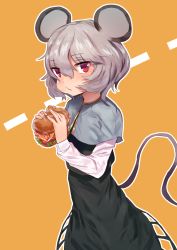 Rule 34 | 1girl, animal ears, asuzemu, black skirt, black vest, burger, capelet, commentary request, cowboy shot, eating, food, grey capelet, grey hair, hair between eyes, holding, holding food, long sleeves, looking at viewer, mouse ears, mouse tail, nazrin, orange background, outline, red eyes, shirt, short hair, simple background, skirt, skirt set, solo, standing, tail, touhou, vest, white outline, white shirt
