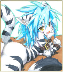 Rule 34 | 1girl, animal ears, armlet, ass, bad id, bad pixiv id, blue hair, blurry, blush, breasts, cat ears, collar, depth of field, fang, furry, furry female, fuurin rei, head rest, highres, long hair, looking back, lying, on stomach, open mouth, original, shikishi, sideboob, solo, striped, tail, tomoyan (nyakkoya), traditional media, wristband, yellow eyes