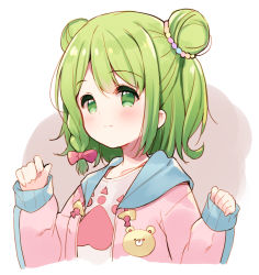 Rule 34 | 1girl, blush, bow, braid, closed mouth, collarbone, cropped torso, double bun, drawstring, green eyes, green hair, grey background, hair bow, hair bun, hands up, hood, hood down, hooded jacket, jacket, long sleeves, looking away, meito (maze), morinaka kazaki, nijisanji, open clothes, open jacket, pink bow, pink jacket, shirt, side braid, single braid, sleeves past wrists, smile, solo, two-tone background, upper body, virtual youtuber, white background, white shirt