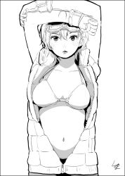 Rule 34 | 1girl, arms up, bra, breasts, character request, female focus, goggles, goggles on head, monochrome, navel, parted lips, satsuyo, short hair, solo, underwear