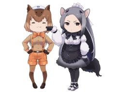Rule 34 | 2girls, :/, animal ears, anteater ears, anteater tail, apron, arm at side, b11mech, beleven, black eyes, black hair, bow, bowtie, brown hair, capybara (kemono friends), capybara girl, cheek poking, chibi, closed mouth, dress, closed eyes, forehead, full body, fur collar, giant anteater (kemono friends), gloves, grey hair, hair ornament, hand on another&#039;s face, hand up, hands on own hips, highres, kemono friends, pantyhose under shorts, long hair, long sleeves, looking at another, medium hair, mouse ears, multiple girls, pantyhose, photo-referenced, poking, shirt, shoes, shorts, simple background, standing, suspender shorts, suspenders, towel, towel on head, very long hair, white background