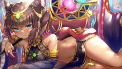 Rule 34 | 1girl, bare shoulders, bead necklace, beads, black hair, blue eyes, breasts, circlet, cleopatra (legend clover), commentary request, cone hair bun, crop top, dark-skinned female, dark skin, detached sleeves, ear piercing, egyptian clothes, hair bun, highres, hip bones, holding, holding staff, jewelry, legend clover, long hair, long sleeves, looking at viewer, lying, midriff, navel, necklace, nekomugiharu, on stomach, piercing, revealing clothes, small breasts, smile, smirk, solo, staff, stomach, thighs, twintails, wide sleeves