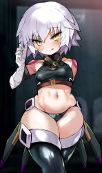 Rule 34 | 1girl, bandaged arm, bandages, black panties, blush, breasts, facial scar, fate/apocrypha, fate/grand order, fate (series), green eyes, handjob gesture, highres, jack the ripper (fate/apocrypha), navel, panties, scar, scar across eye, scar on cheek, scar on face, shimejinameko, shiny skin, short hair, shoulder tattoo, skindentation, small breasts, solo, standing, tattoo, thighhighs, thighs, underwear, white hair