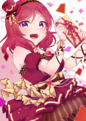 Rule 34 | 1girl, :d, absurdres, blush, bow, breasts, dress, frills, gift, hair ornament, hands up, harukasu (mememememo), hat, highres, holding, holding gift, looking at viewer, love live!, medium breasts, medium hair, nishikino maki, open mouth, purple eyes, red hair, smile, solo, teeth, upper teeth only, valentine