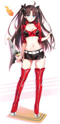 Rule 34 | 1girl, ahoge, belt, belt buckle, black bow, black skirt, blue eyes, blush, boots, bow, breasts, brown hair, buckle, cleavage, closed mouth, collarbone, colored shadow, commentary request, cropped jacket, drop shadow, fate/stay night, fate (series), fire, hair between eyes, hair bow, highres, holding, jacket, long hair, medium breasts, miniskirt, navel, official alternate costume, open clothes, open jacket, parted bangs, race queen, red footwear, red jacket, red thighhighs, shadow, short sleeves, skirt, smile, solo, thigh boots, thighhighs, tohsaka rin, two side up, very long hair, white background, white belt, youta