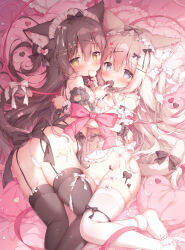 2girls animal_ears ass black_ribbon black_thighhighs blank_censor blue_eyes blush breasts brown_hair candy cat_ears cat_girl cat_tail censored chocolate chocolate_heart chocolate_on_body commentary_request food food_on_body hair_between_eyes heart heart-shaped_food heart-shaped_pupils highres large_breasts long_hair looking_at_viewer lying momozu_komamochi multiple_girls navel nipples on_bed oppai_loli original pink_hair pussy red_ribbon ribbon signature symbol-shaped_pupils tail thighhighs white_thighhighs yellow_eyes