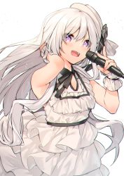 Rule 34 | 1girl, bare shoulders, black ribbon, cowboy shot, dress, eyes visible through hair, hand in own hair, hat, highres, holding, holding microphone, itohana, long hair, looking at viewer, microphone, music, open mouth, original, purple eyes, ribbon, ruffling hair, singing, smile, solo, white background, white dress, white hair, white wrist cuffs, wrist cuffs