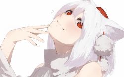 Rule 34 | 1girl, albino, animal ears, arm up, bare shoulders, blush, close-up, closed mouth, detached sleeves, fingernails, fingers to  chin, flying sweatdrops, hand on own chin, hat, head tilt, inubashiri momiji, long sleeves, looking at viewer, pom pom (clothes), red eyes, red hat, shaft look, short hair, sleeveless, smile, solo, sweater vest, terimayo, tokin hat, touhou, turtleneck, upper body, white hair, wolf ears
