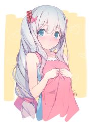 Rule 34 | 1girl, artist name, azumi akitake, bare shoulders, blue eyes, bow, collarbone, dress, eromanga sensei, grey hair, hair bow, hands on own chest, highres, izumi sagiri, long hair, looking at viewer, low-tied long hair, parted lips, pink bow, scrunchie, solo, striped clothes, striped scrunchie, upper body, white background, yellow background