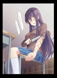 Rule 34 | 1girl, blood, breasts, chair, classroom, closed eyes, commentary, cuts, cutting, desk, doki doki literature club, hair ornament, hairclip, highres, holding, holding knife, indoors, injury, knife, large breasts, long hair, open mouth, purple hair, school desk, school uniform, self-harm, sitting, skirt, socks, solo, sweat, symbol-only commentary, very long hair, white socks, wrist cutting, x3 xy3 (jtsu4377), yuri (doki doki literature club)