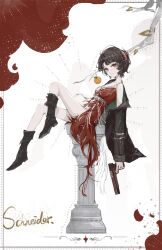 Rule 34 | 1girl, black coat, black footwear, black hair, boots, border, branch, breasts, character name, coat, column, curly hair, dress, feather dress, feather hair ornament, feathers, food, from side, fruit, full body, godenanchor, gun, hair ornament, handgun, highres, holding, holding gun, holding weapon, knee boots, knee up, looking at viewer, looking to the side, orange (fruit), pillar, red background, red eyes, red feathers, reverse:1999, schneider (reverse:1999), short dress, short hair, single bare shoulder, single off shoulder, sitting, small breasts, solo, strapless, strapless dress, trigger discipline, two-tone background, weapon, white background