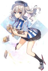 Rule 34 | 10s, 1girl, bad id, bad pixiv id, beret, blue eyes, bread, chocoan, employee uniform, food, hat, kantai collection, kashima (kancolle), lawson, long hair, looking at viewer, silver hair, skirt, smile, solo, twintails, uniform