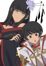 Rule 34 | 1boy, 1girl, :o, arm guards, asahi sas brutus, bare shoulders, black eyes, black hair, black kimono, blunt bangs, bowl cut, bright pupils, brother and sister, coat, crossed arms, epiphyllum, final fantasy, final fantasy xiv, flower, glaa da, green eyes, hair flower, hair ornament, hair stick, hand on own arm, highres, hyur, japanese clothes, kimono, long hair, looking at viewer, mole, mole under mouth, off shoulder, open mouth, short hair, siblings, side-by-side, sidelocks, simple background, straight hair, upper body, white background, white coat, white pupils, yotsuyu goe brutus