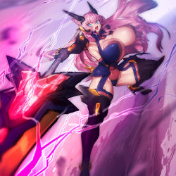 Rule 34 | 1girl, armor, blue eyes, bouncing breasts, breasts, covered navel, elbow gloves, garter straps, gloves, glowing, headgear, huge breasts, leotard, long hair, maria cadenzavna eve, melon22, open mouth, pink hair, polearm, senki zesshou symphogear, shiny skin, solo, spear, thighhighs, weapon
