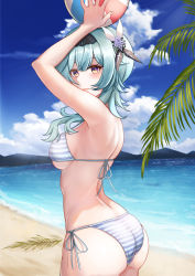 Rule 34 | 1girl, armpits, arms up, ass, ass focus, ball, bare shoulders, beach, beachball, bikini, blue hair, blue sky, breasts, cleavage, cloud, day, eula (genshin impact), from side, genshin impact, hairband, half-closed eyes, halterneck, highres, holding, holding ball, looking at viewer, medium breasts, ocean, outdoors, purple eyes, side-tie bikini bottom, sideboob, sky, smile, solo, string bikini, striped bikini, striped clothes, swimsuit, tree, tropical, underboob, yu chang (42680610)